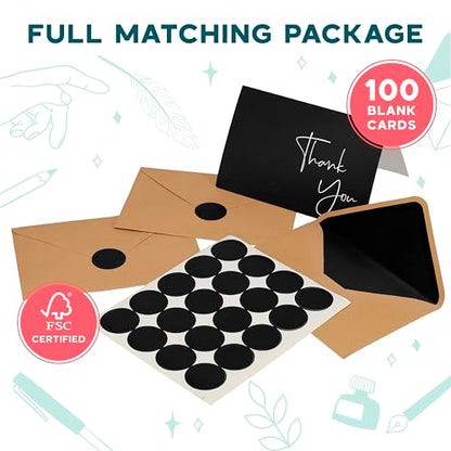 VNS Creations Thank You Cards With Envelopes - 100 Pack 4 x 6 Blank - Black | Thick 30 GSM, Thank You Notes Bulk Box Set & Stickers, Large Note Card Small Business, Wedding, Baby Shower & Bridal Shower - color: Black, size: 100 Pack - 4" x 6" (Value Pack)