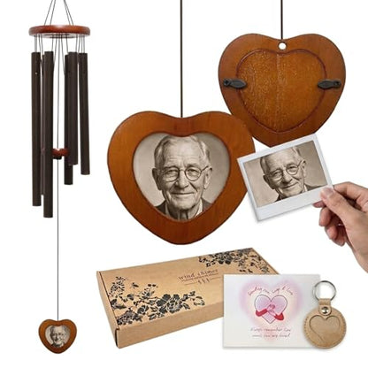 Memorial Wind Chimes with Wooden Photo Frame, 32 Inch Sympathy Windchime Outdoors for Loss of Loved One, Personalized Berevement/Memorial Gifts for Loss of Mother, Father, Husband, Friend, Pet