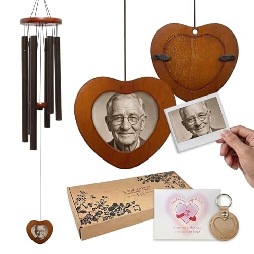 Memorial Wind Chimes with Wooden Photo Frame, 32 Inch Sympathy Windchime Outdoors for Loss of Loved One, Personalized Berevement/Memorial Gifts for Loss of Mother, Father, Husband, Friend, Pet