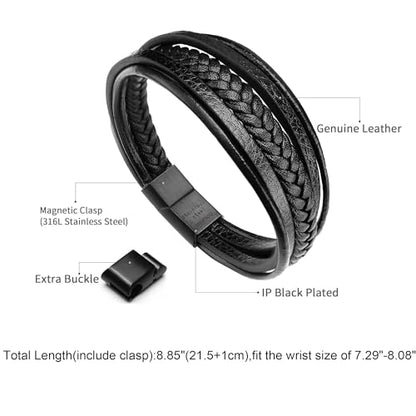 Mens Leather Bracelet with Clasp Cowhide Multi-Layer Braided Leather Mens Bracelet - style: black leather&black clasp&8.7