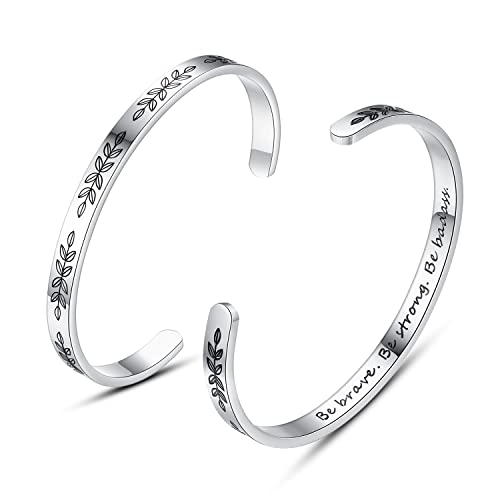 TONY & SANDY Inspirational Bracelets for Women Teen Girls Personalized Gifts for Daughter Granddaughter Mom Sister Friends Stainless Steel Engraved Cuff Birthday Easter Christmas - style: A - Be brave be strong be badass- Leaf