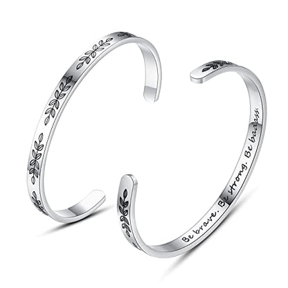 TONY & SANDY Inspirational Bracelets for Women Teen Girls Personalized Gifts for Daughter Granddaughter Mom Sister Friends Stainless Steel Engraved Cuff Birthday Easter Christmas - style: A - Be brave be strong be badass- Leaf
