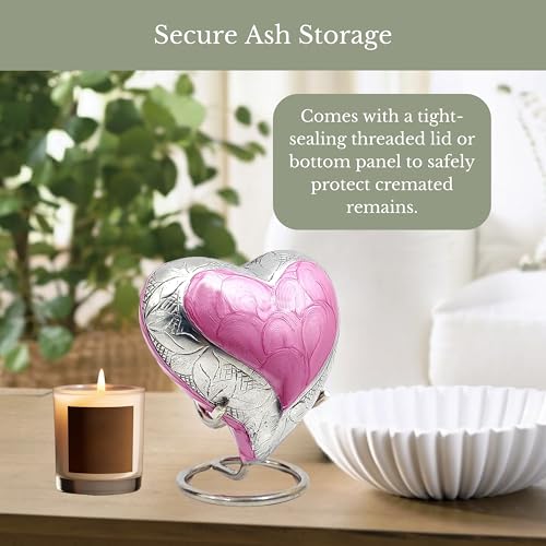 NORSE'S TRADECRAFT Heart Mini Urn for Ashes Adult Male, Female, 3 cu in | Memorial Gifts with Velvet Box & Stand, Handcrafted Cremation Urns for Human Ashes, Pets, Pink Heart with Floral Border