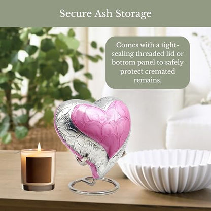 NORSE'S TRADECRAFT Heart Mini Urn for Ashes Adult Male, Female, 3 cu in | Memorial Gifts with Velvet Box & Stand, Handcrafted Cremation Urns for Human Ashes, Pets, Pink Heart with Floral Border
