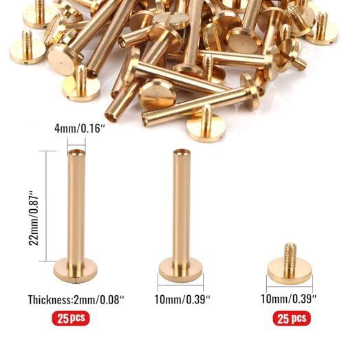 Chicago Binding Screws - 4mm x 22mm Binding Posts - 10mm Phillips Nut - Chicago Screw Binding Post Screw Kit for DIY Leather Decoration Scrapbook Photo Albums Bookbinding (Brass, 25 PCS) - size: 4mm x 22mm
