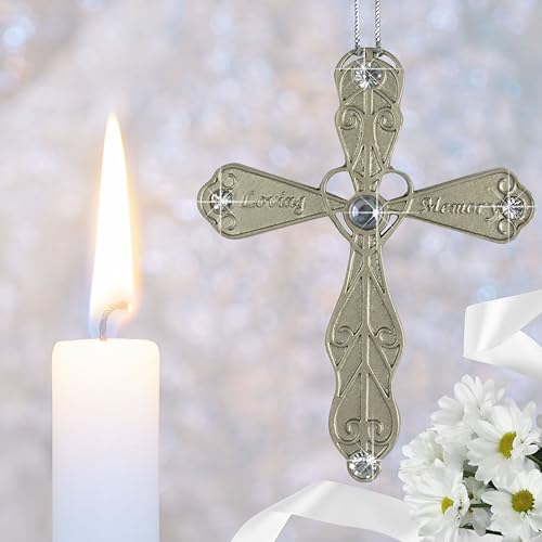 BANBERRY DESIGNS Sympathy Cross Ornament In Loving Memory, Bereavement Cross Gift for Loss of Loved One, Filigree Heart Shaped Jeweled Metal Memorial Hanging Ornament, 3.5 Inch