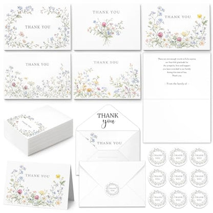 Fumete 50 Set Funeral Thank You Cards, Watercolor Wildflowers | with Envelopes and Sticker Thank You Sympathy Card with Message Bereavement for Funeral Family Loved Ones Celebration of Life - style: Watercolor Wildflowers
