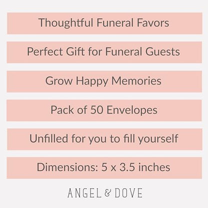 Angel & Dove 50 Funeral Favor Envelopes, 'Grow Happy Memories', Unfilled, Gift for Guests
