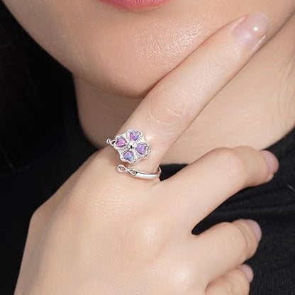 ZOEXUE Four Leaf Clover Cremation Urn Ring for Women, 925 Sterling Silver Adjustable Open Memorial Keepsake Ring with Opal Stones, Holds Ashes Bereavement Sympathy Gift - color: purple