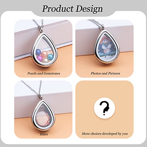 2PCS 30MM Floating Charm Locket Necklace with 6 Freshwater Pearls/Beads,316L Stainless Steel Clear Glass Locket,Small Waterproof Living Memory Pendant for Women(Without Chain) - color: Teardrop