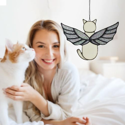Angel Rainbow Wing Memorial Gifts - Stained Glass Cat Suncatcher, Loss of Cat Sympathy Gift (White) - color: White