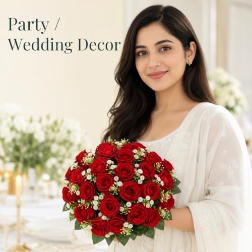 41cm Artificial Silk Red Rose Bush with Gyp & Foliage 24 Flower Heads- Wedding Grave Home Decoration (Red, 1 Bunch) - color: Red