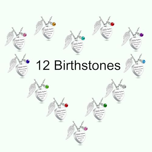 Gredstar Heart Urn Necklace for Ashes, ECG Memorial Pendant | Heartbeat Line, Angel Wing, 12 Birthstones, Stainless Steel, Screw Closure, Funnel & Box Included - style: Nephew
