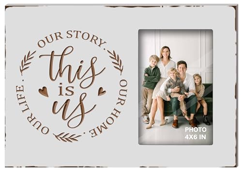 Buecasa White Rustic Engraved This Is Us Picture Frames 4x6 Inches Tabletop - Carving Housewarming Wedding Couples Romantic Gifts - Farmhouse Family Love Quotes New Home Decor - color: white this is us