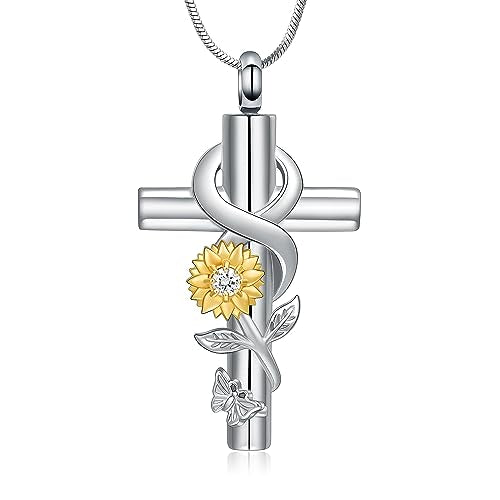 Urn Necklace for Ashes Sunflower Cross Necklace Cremation Jewelry Ashes Necklace for Human Women Pets Sunshine Pendant Keepsake Jewelry for Ashes - color: Silver-gold White