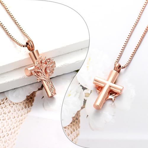 XSMZB Tree of Life Cross Cremation Jewelry for Ashes Human Pet Memorial Ashes Necklace Butterfly Cross Keepsake Pendant for Women - color: Rose Gold