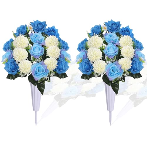 Lodou Set of 2 Artificial Bouquet Grave Memorial Flowers with Vase, Realistic Vibrant Roses,Cemetery Memorial Flowers for Outdoor Tombstone Decorations (Blue) - color: Blue