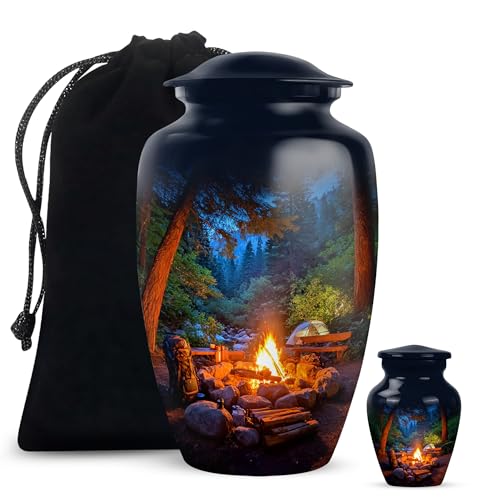 Campfire Funeral and Memorial Urns for Human Ashes, Campfire Keepsake Urn for Ash, Adult Funeral Urn Handcrafted, Memorial Gift, Combo, 10 Inch Large & 3 Inch Small - color: Campfire 1, size: 10"+3"Combo-1