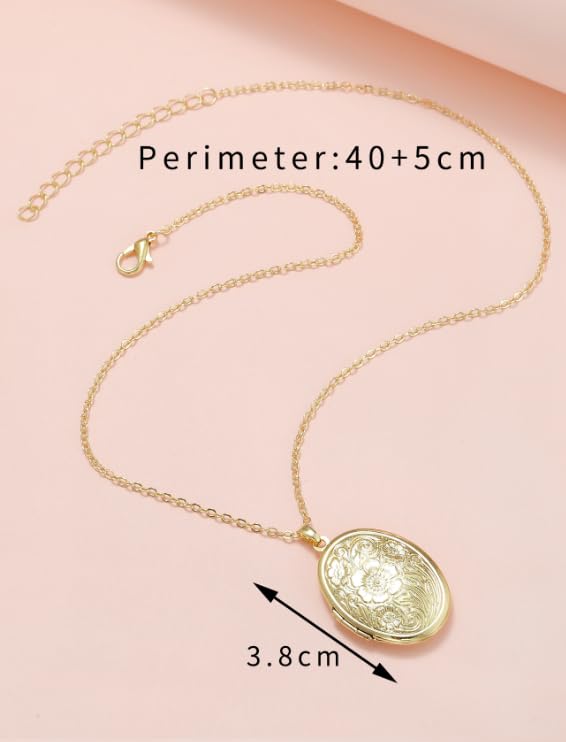 Locket Picture Pendant Heart Necklace,Retro Carved Flower Relief Pattern Oval Center Necklace Souvenir Memorial Clavicle Jewelry for Women - color: silver oval