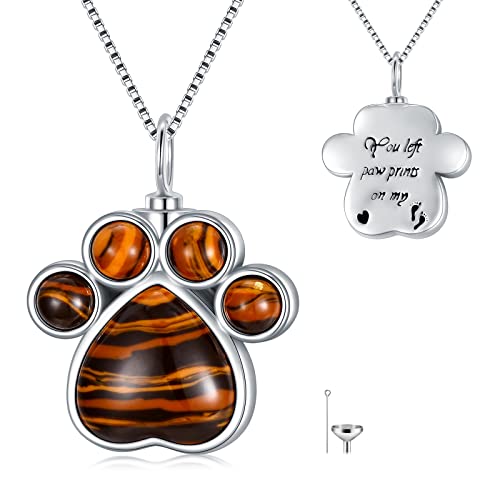 Cremation Jewelry for Ashes 925 Sterling Silver Sunflower/Rose/Cross/Paw Print/Crystal/Swan/Hamsa Hand/Koala/Clover/Bar Urn Necklace for Human Pet Ashes Keepsake Memorial Jewelry Gifts for Women Girls - color: 08-Paw Print Urn with Tiger Eye