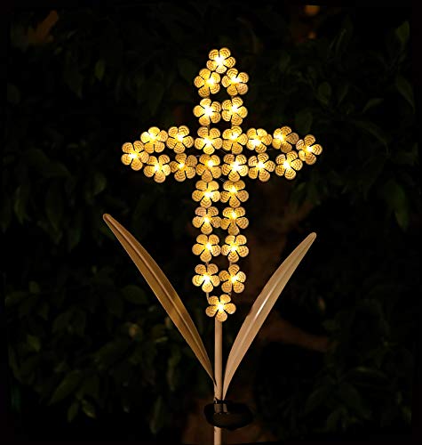 WSgift White Cross Garden Stake Solar Lights Metal Hydrangea Cross Stake Memorial Gift w/ 28 LEDs Perfect Sympathy Gifts (10" W x 40" H) - color: Cross