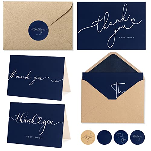 100 Bulk Navy Thank You Cards with Kraft Envelopes and stickers - 4 Minimalistic Designs Blank Thank You Notes with Envelopes Matt for business Wedding Bridal Gift Baby Shower Business Graduation - color: Navy and white