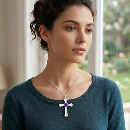 YYB Urn Necklace for Ashes Women Heart Birthstone Cross Cremation Jewelry | Memorial Keepsake Funeral Jewelry for Loved Ones (with Funnel Filler) - color: 02--Amethyst February