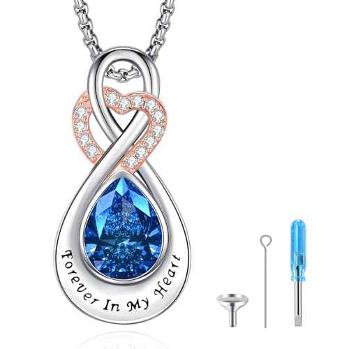 Infinity Urn Necklace for Ashes Sterling Silver Heart Moonstone Turquoise Birthstone Keepsake Memorial Cremation Jewelry for Women - style: Infinity A-12-Dec.-Blue Topaz