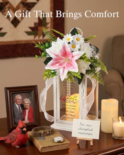 Sympathy Candle Lantern with Flower, Memorial Gift for Loss of Mom Dad Husband, Funeral Remembrance Lantern for Loss of Loved One - color: Cardinal/White