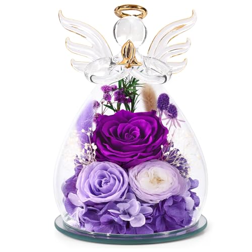 Bessol Gifts for Women Birthday Gifts for Mom Flowers for Delivery Fresh Eternal Preserved Rose Forever Flower in Glass Angel Figurines Gift Anniversary for Grandma Wife Sister Daughter Friends - color: Purple(rose, Austin, Baby's Breath, Hydrangea)