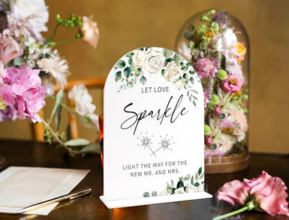 Acrylic Wedding Signs for Ceremony And Reception, White Rose Let Love Sparkle Sign, Bridal Shower Centerpieces for Tables with Base, Engagement, Anniversary and Wedding Essentials for Ceremony - color: White