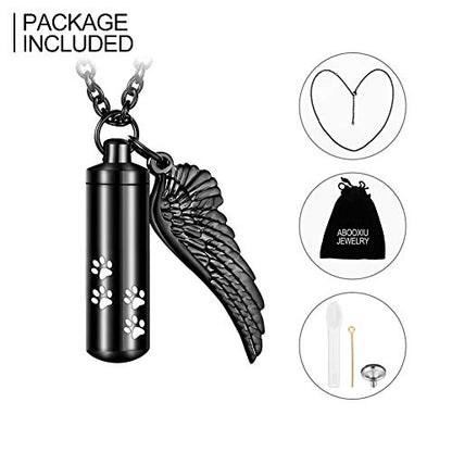abooxiu Cylinder Cremation Necklace for Pet Ashes With Angel Wing Paw - Urn Necklace for Dog/Cat Memorial Keepsake Jewelry - color: Black-M
