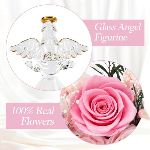 Casaido Mothers Day Rose Gifts for Women, 7" Pink Preserved Roses Flowers in Glass Angel Figurine, Birthday Gift for Mom Wife Grandma, Eternal Rose for Valentines Christmas Anniversary - color: Pink