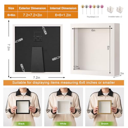 6x6 Small Shadow Box Frame with Ultra-Clear Glass & Soft Linen Back - color: White+high Definition Panel + Shatter-proof Packaging, size: 6x6