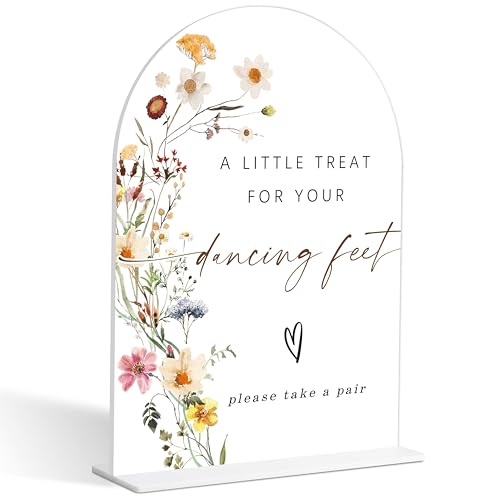 Dancing Feet Sign, Flower Style Wedding Signs for Reception for Bridal Shower and Reception, Engagement, Bridal Shower Decorations, Wedding Shower Favors, 6X8 Inch Acrylic Arch Sign with Stand,10 - color: Dancing Feet,10