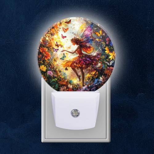 Round LED Night Lights Lamp with Dusk to Dawn Sensor, Beautiful Fairy with Colorful Wings Flying Night Light Plug Into Wall for Kids Room, Bedroom, Bathroom, Kitchen, Hallway - color: Beautiful Fairy with Colorful Wings Flying, size: Small