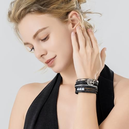 Tree of Life Inspirational Leather Wrap Bracelets Boho Western Cowgirl Cuff - color: Black