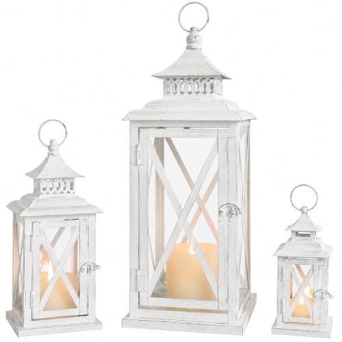 3PCS (20’’&13’’&9’’) Lanterns Decorative Indoor & Outdoor, Vintage White Metal Frame Candle Holders for Front Porch, Patio, Pathway, Balcony, Garden, Yard Decor, Halloween Christmas Decorations - color: White / 20’’&13’’&9’’ / 3 Pcs