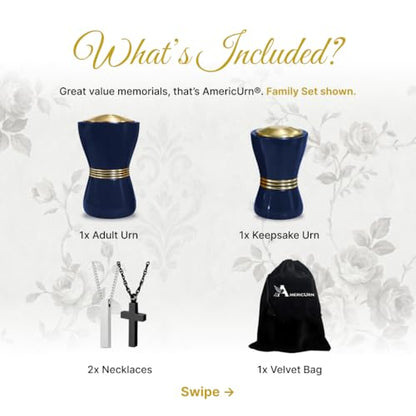 Family Tribute Set of Cremation Urn for Human Ashes Male & Female with 1 Large Urn, 1 Small Keepsake & 1 Silver & 1 Black Cross Necklace- Canopic Navy Blue - color: Canopic Navy Blue Set