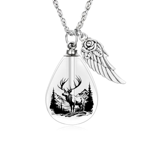 Teardrop Urn Necklace for Ashes, Resin Memorial Pendant with Keepsake | Teardrop Shape, Clear Resin Design, Nature Inspired Artwork, Screw Closure, Holds Ashes, Filling Kit & Box Included - color: Deer