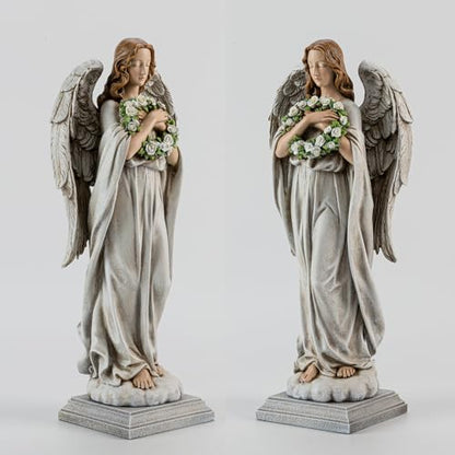 Garden Angel with Flower Wreath Statue - 16" Outdoor Memorial Angel Decor