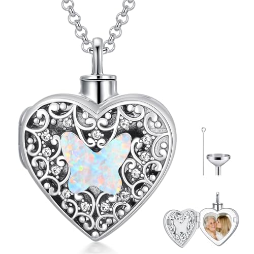 Dorunmo Personalized Heart Urn Locket Necklace for Ashes and Pictures 925 Sterling Silver Customized Locket Memorial Keepsake Cremation Jewelry for Ashes for Women Men Keep Someone Near to You - color: Opal Butterfly, style: No Personalization