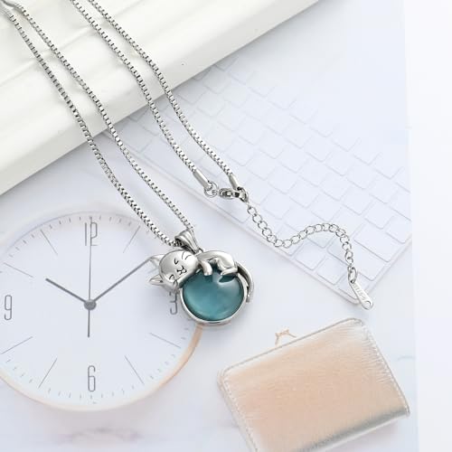 XSMZB Pet Cremation Ashes Jewelry Moonstone Cat Urn Necklace for Ashes for Women Men Lovely Cat Memorial Urn Locket Keepsake Pendant Gift - color: Silver Cat
