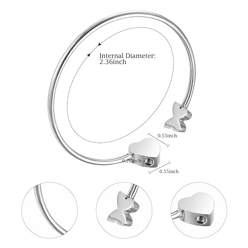 XIUDA Urn Bracelet for Human Ashes Butterfly Heart Ash Bracelet for Women Stainless Steel Openable Cuff Bangle Cremation Bracelet - Always in My Heart - color: Silver, With Me Always