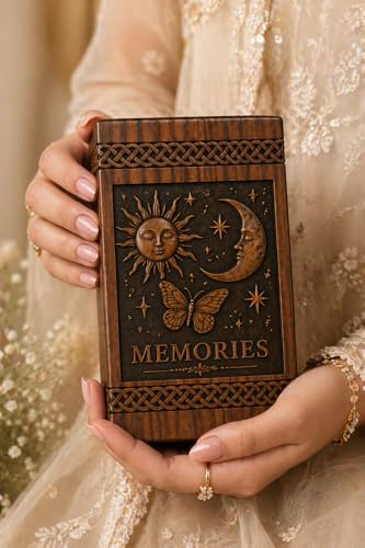 Wooden Keepsake Box Urn for Ashes Memorial Box, Handmade Memory Chest, Celestial Sun Moon Butterfly Engraved Urn[Available urn Box in 5 Different Sizes] ((Full Size 14X7.5 600 Cubic INCHES))