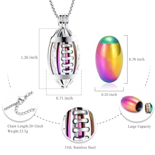 Oinsi American Football Cremation Locket Necklace For Ashes Of Loved Ones Stainless Steel Memorial Urn Jewelry Women Men Keepsake Fashion Necklace - color: Silver-Rainbow