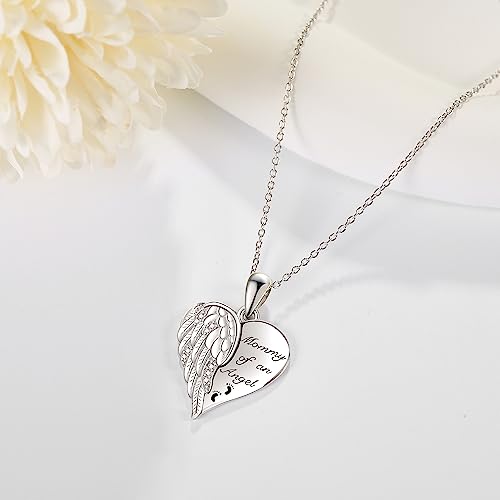 YFN Guardian Angel Wings Heart Necklace Sterling Silver Angel Wings Memorial Sympathy Jewelry for Women Girls Gifts - style: Mommy of an Angel