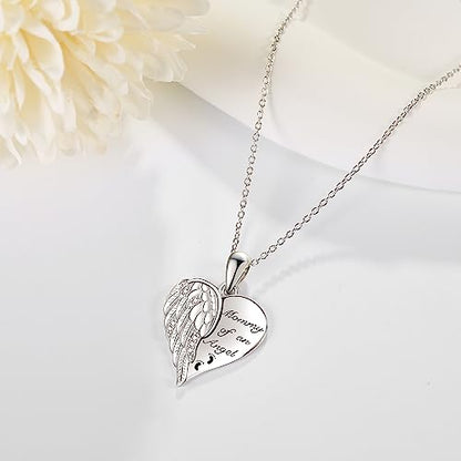 YFN Guardian Angel Wings Heart Necklace Sterling Silver Angel Wings Memorial Sympathy Jewelry for Women Girls Gifts - style: Mommy of an Angel