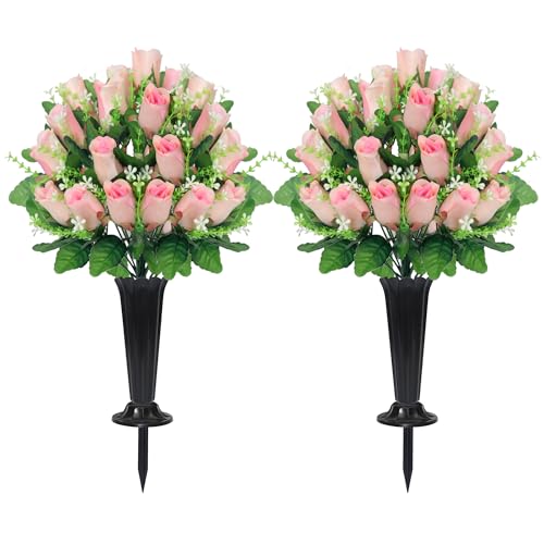 Wocst Cemetery Flowers for Grave,2 Sets Grave Rose Flowers Bouquets with Vases for Cemetery Grave Decorations UV Resistant Non-Fading Easy Fit (Pink) - color: Pink