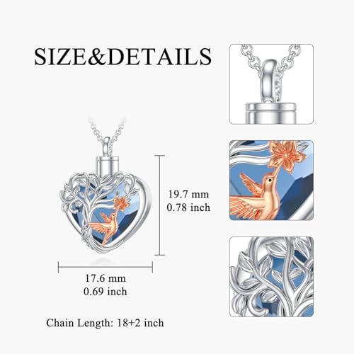 PELOVNY Urn Necklaces for Ashes of Loved Ones 925 Sterling Silver Personalized Heart Locket Urn Necklace Cremation Keepsake Memorial Jewelry Gifts for Women Men - color: Hummingbird Urn-2
